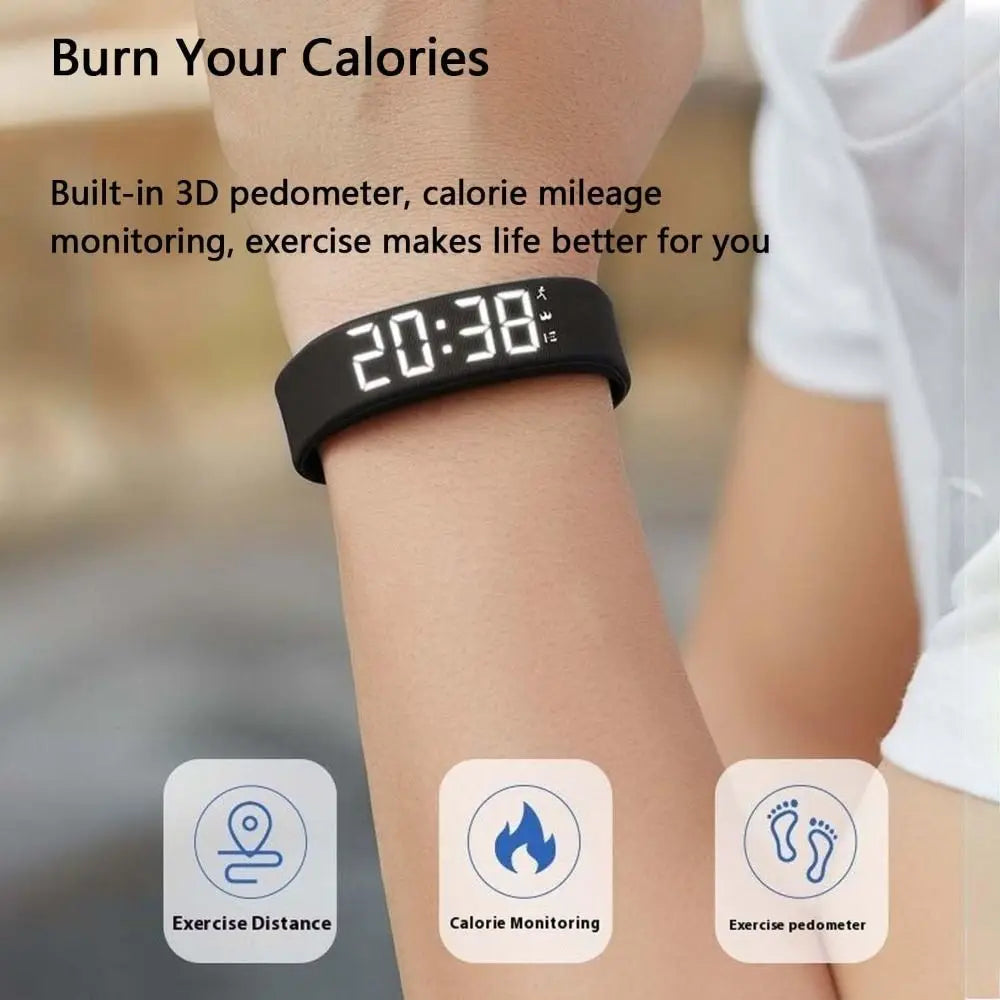 LED Digital Alarm Clock Watch Adjustable Silicone Snooze-proof Alarm Bracelet with Running Pedometer Waterproof Vibrating Alarm